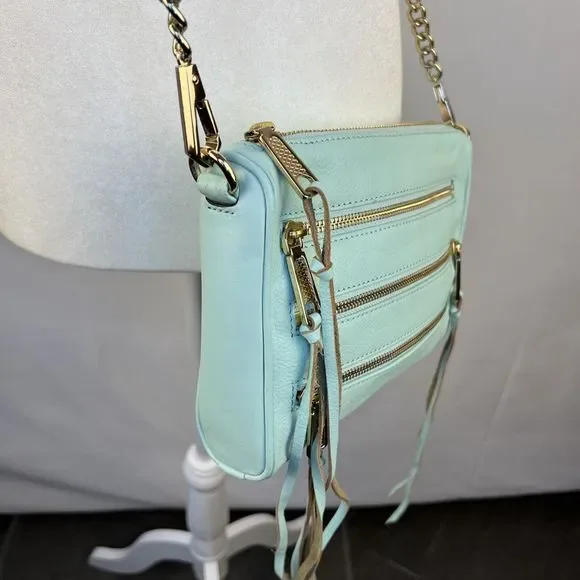 Rebecca Minkoff Crossbody Mini Bag Leather Purse Studded 5 Zip Mint Clutch Tote - Picture 11 of 16